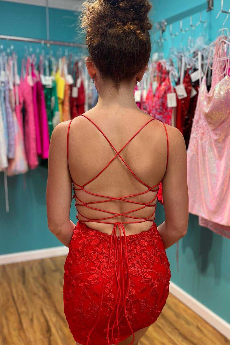 Red V Neck Short Lace Prom Dresses Backless V Neck Short Lace Formal
