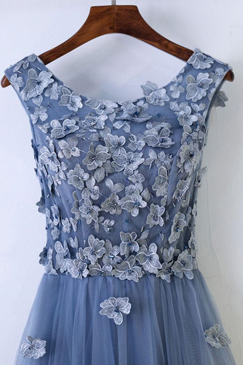 Round Neck Blue Lace Floral Long Prom Dresses, Blue Lace Long Formal E –  Eip Collection