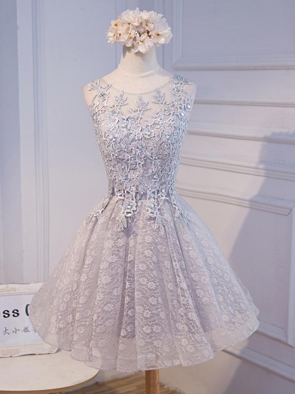 Round Neck Short Gray Lace Prom Dresses, Short Gray Lace Formal Homeco –  Eip Collection