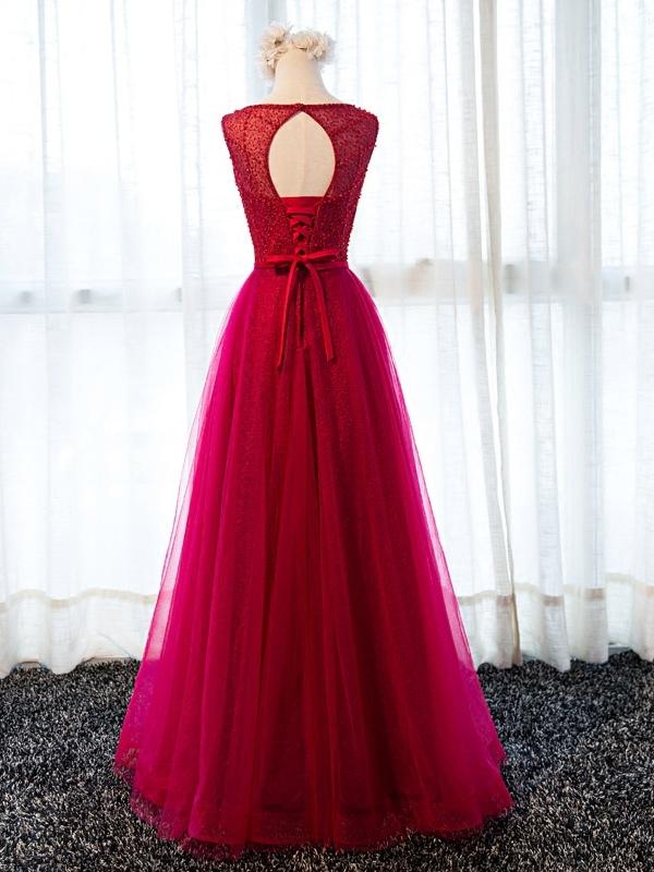 Round Neck Burgundy Beaded Prom Dresses, Wine Red Beaded Formal Evenin –  Eip Collection