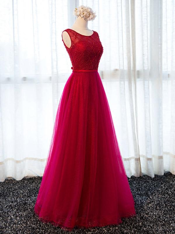 wine red prom dresses Round Neck Burgundy Beaded Prom Dresses, Wine Red Beaded Formal Evenin –  Eip Collection