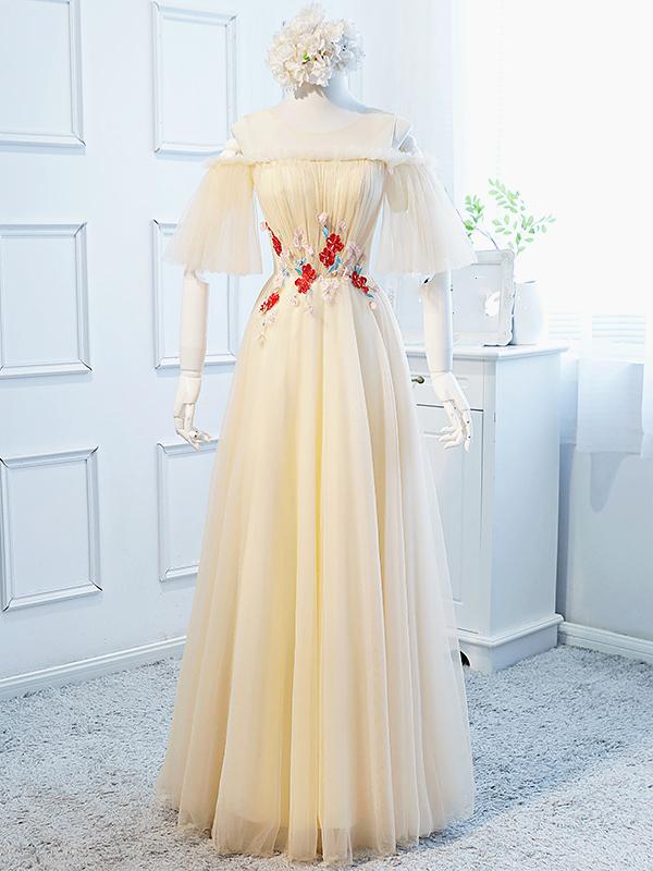 Round Neck Floral Champagne Long Prom Dress with Corset Back, Champagn – Eip Collection