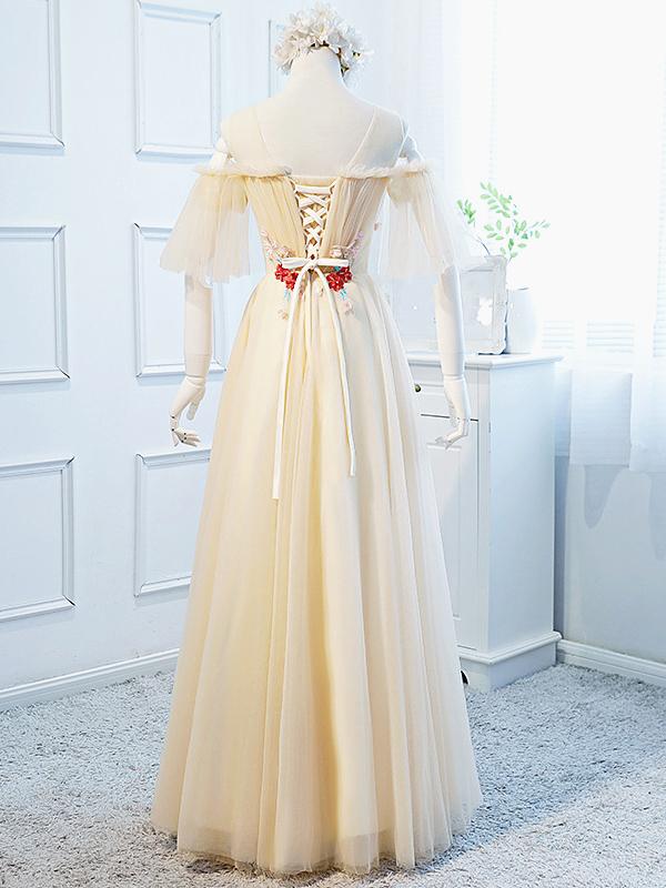 Round Neck Floral Champagne Long Prom Dress with Corset Back, Champagn –  Eip Collection