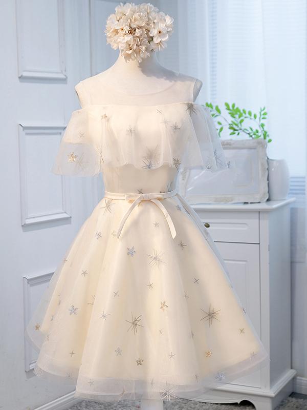 Round Neck Off the Shoulder Short Champagne Prom Dresses, Short Champa Eip Collection Round Neck Off the Shoulder Short Champagne Prom Dresses, Short Champa Eip Collection