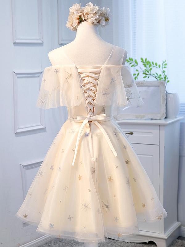 green emerald velvet dress Off Shoulder Champagne Organza Appliques Short Evening Prom Dresses, Custom  Homecoming Dress, MR8669 main image 1
