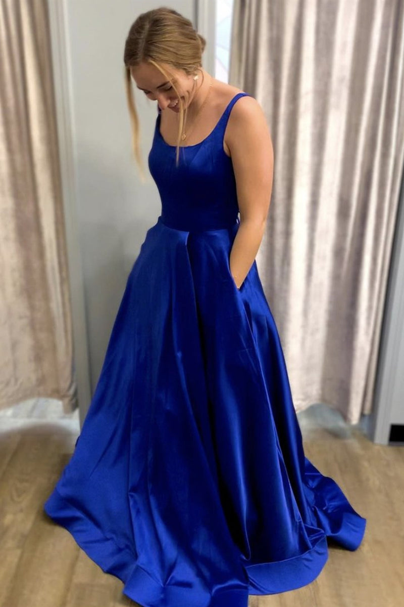 Royal Blue Satin Long Prom Dress with Pocket, Simple Royal Blue Formal