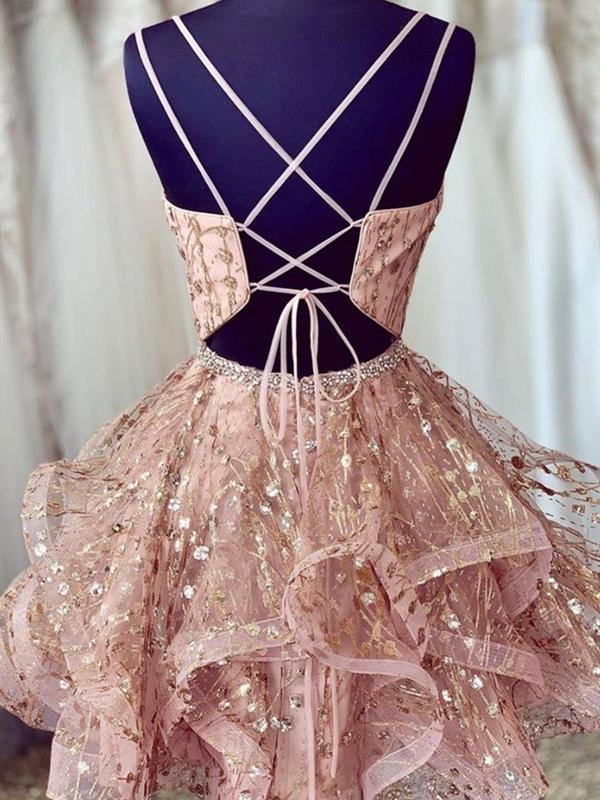 Shiny A Line V Neck Short Champagne Lace Prom Dresses, Short Champagne Eip Collection Shiny A Line V Neck Short Champagne Lace Prom Dresses, Short Champagne Eip Collection