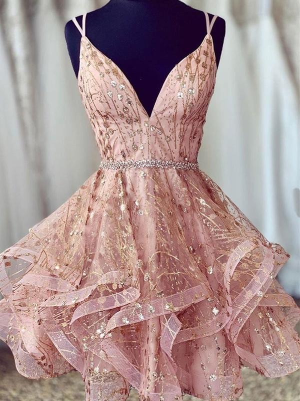 Shiny A Line V Neck Short Champagne Lace Prom Dresses Short
