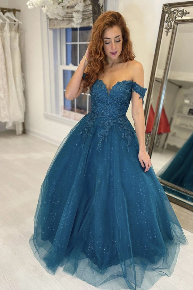 Off The Shoulder Blue Long Prom Dress,Charming Blue Evening Dress