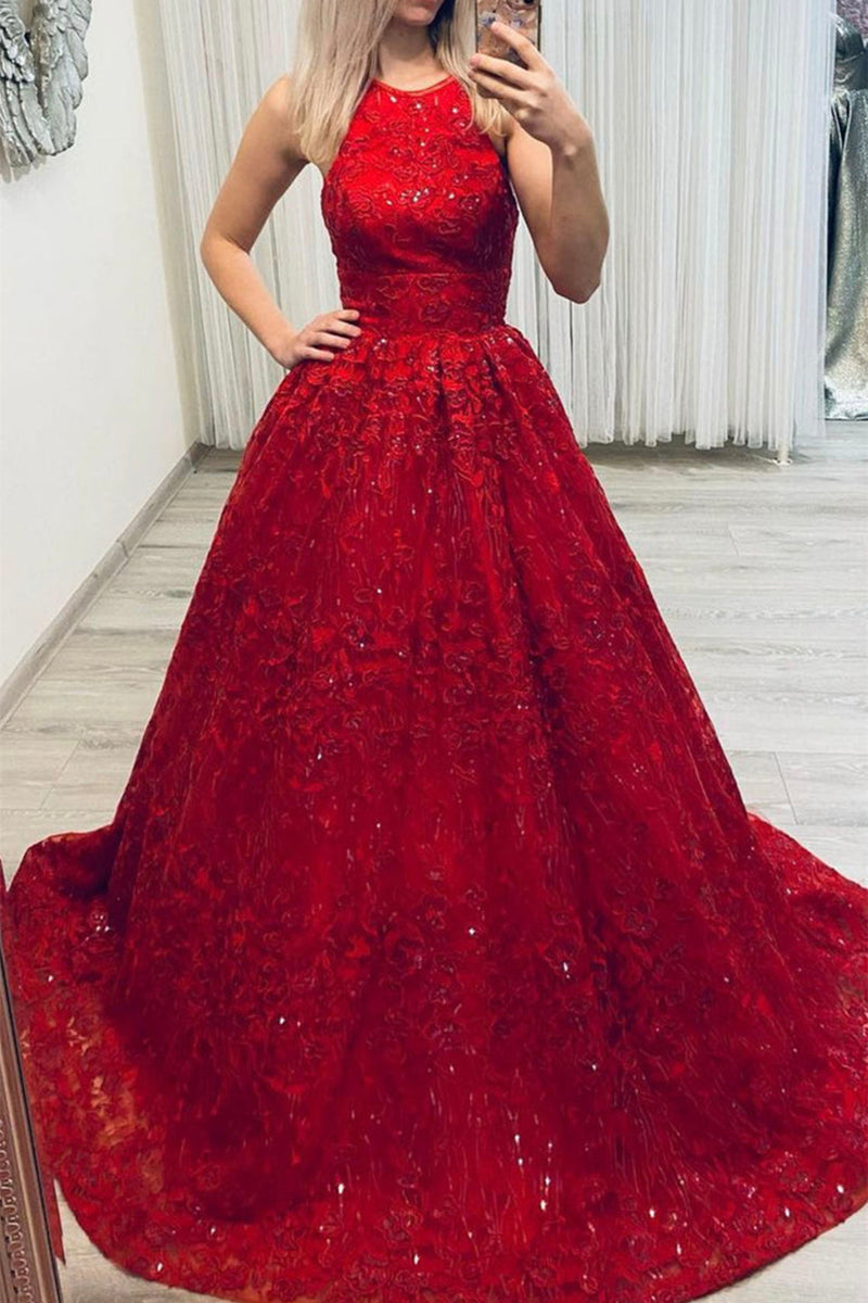 Shiny Red Lace Long Prom Dresses, Red Lace Formal Dresses, Red Evening