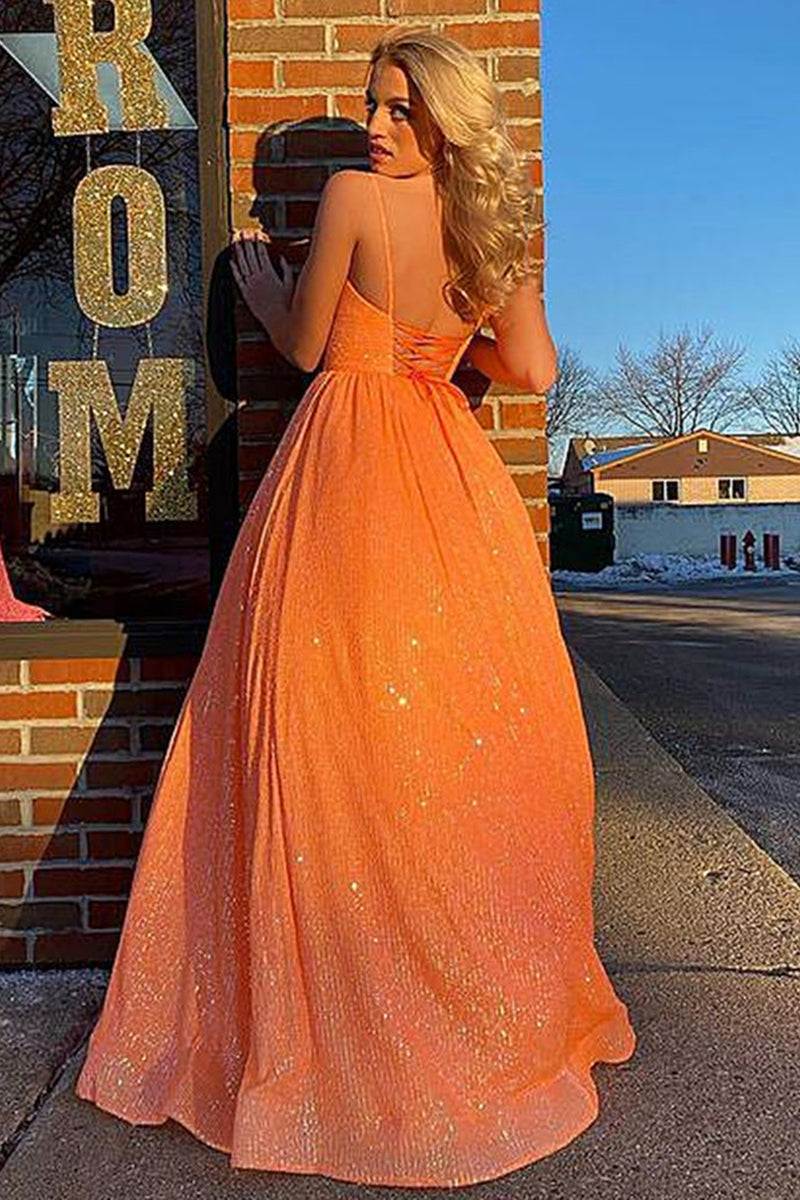 strapless open back dress Shiny Sequins V Neck Backless Orange Long Prom Dresses, Orange Sequins –  Eip Collection
