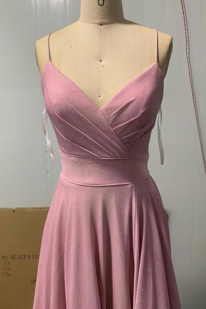 V Neck and V Back Pink Satin Long Prom Dresses, V Neck Pink Formal Graduation Evening Dresses EP1902 main image 1