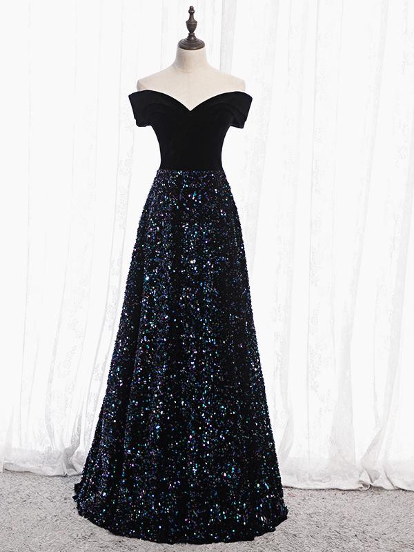 lace bodycon dress blue and black Shiny Off the Shoulder Black Prom Dresses with Corset Back, Shiny Blac –  Eip Collection