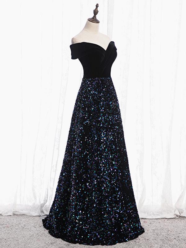 Shiny Off the Shoulder Black Prom Dresses with Corset Back, Shiny Blac Eip Collection Shiny Off the Shoulder Black Prom Dresses with Corset Back, Shiny Blac Eip Collection