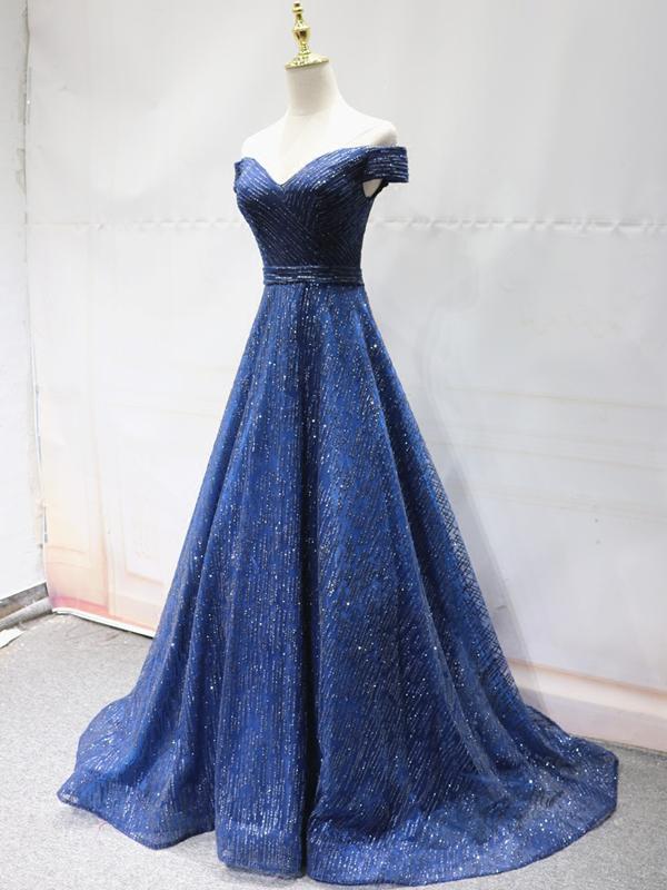 Shiny Off the Shoulder Navy Blue Long Prom Dresses, Off Shoulder Blue  Eip  Collection
