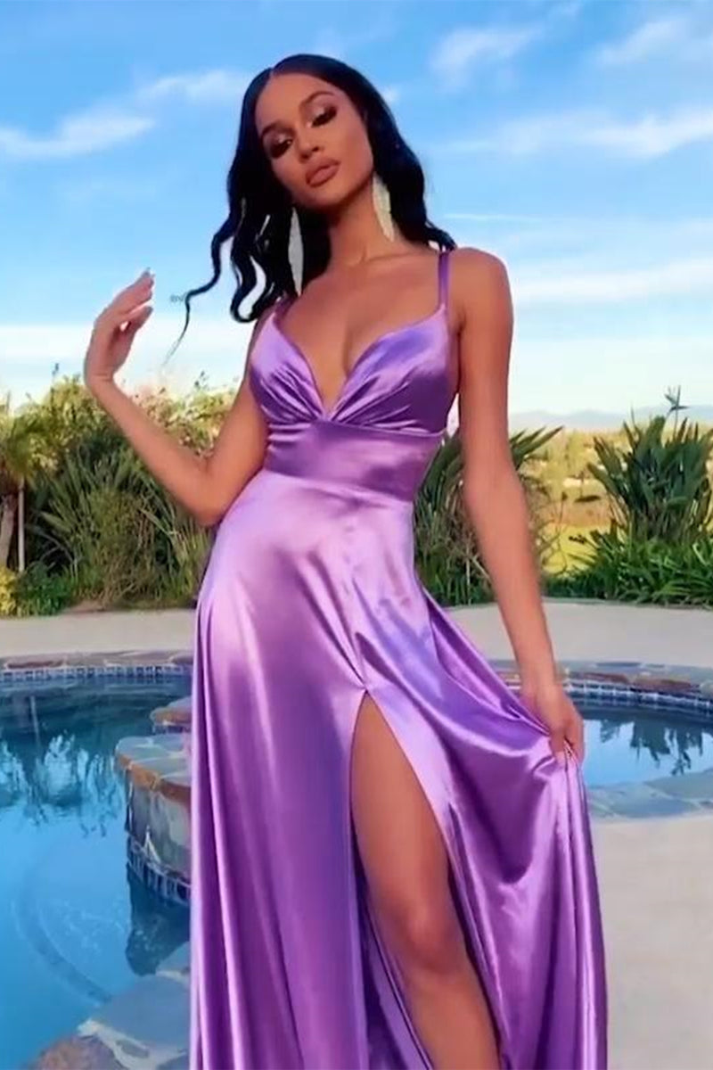 A Line V Neck Purple Satin Prom Dress with Appliques LBQ0239