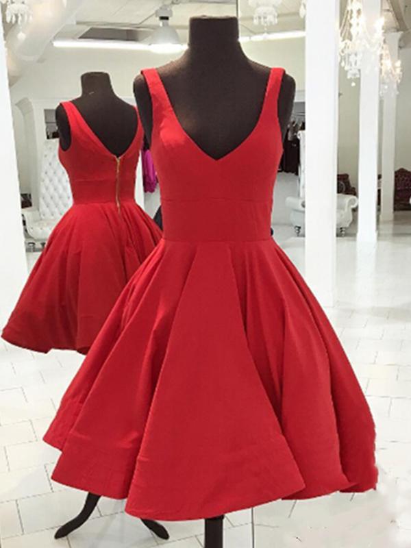 Simple Short V Neck Yellow Red Satin Prom Dresses Short Red