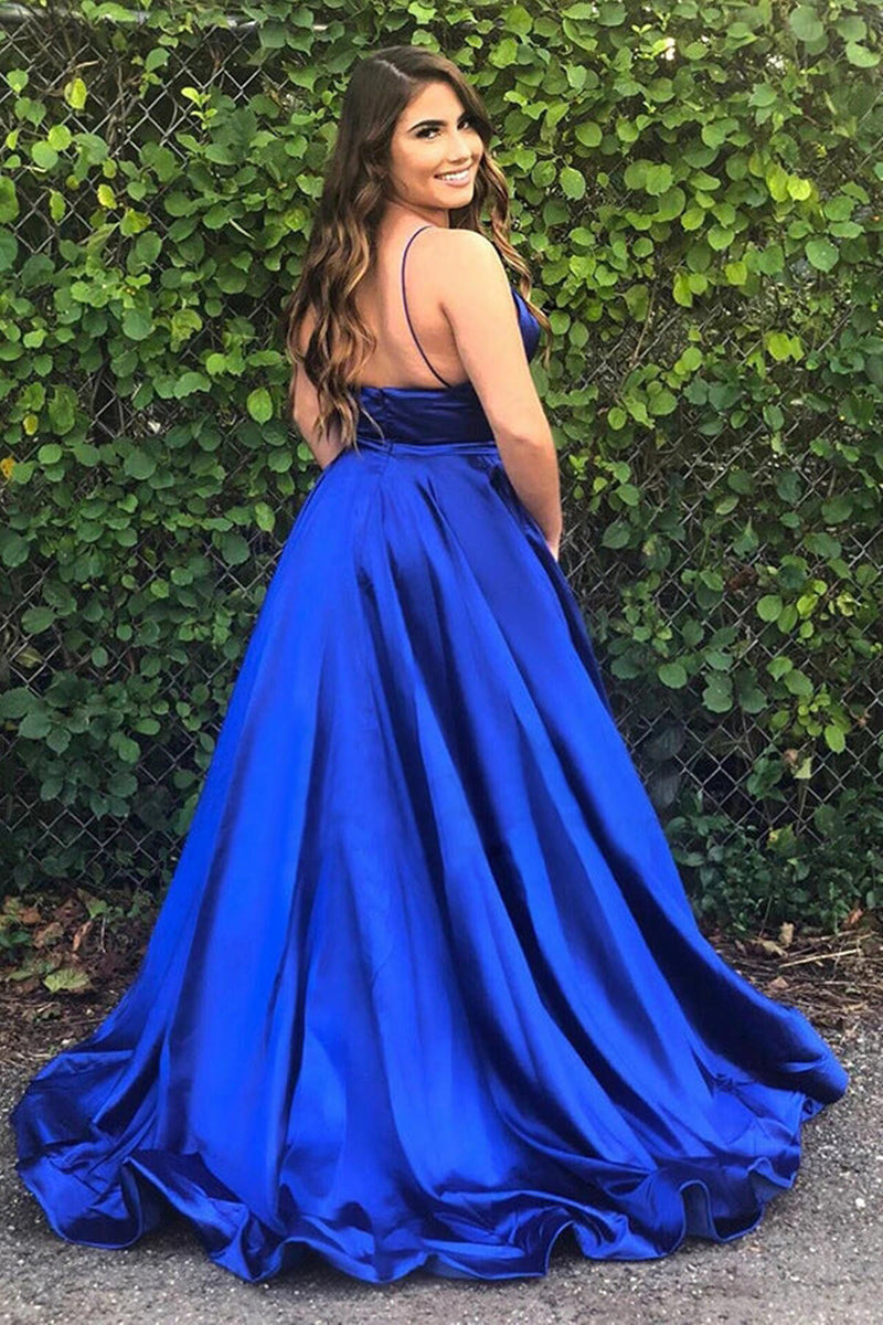Simple V Neck Backless Royal Blue Satin Long Prom Dresses, V Neck Roya