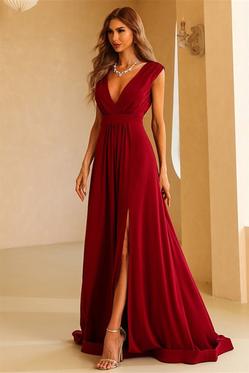 V Neck Open Back Burgundy Long Prom Dresses with Leg Slit, High Slit Burgundy Formal Evening Dresses main image 1