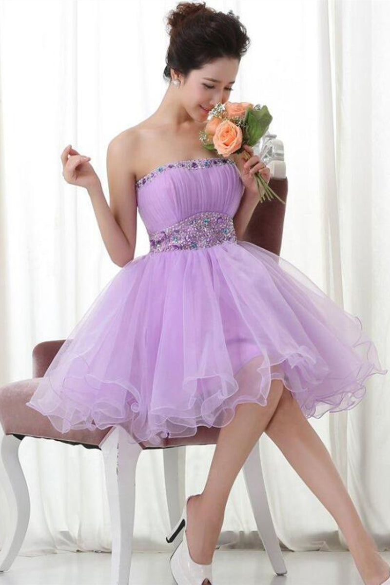 Strapless Beaded Short Lavender Prom Dresses, Lavender Homecoming Dres