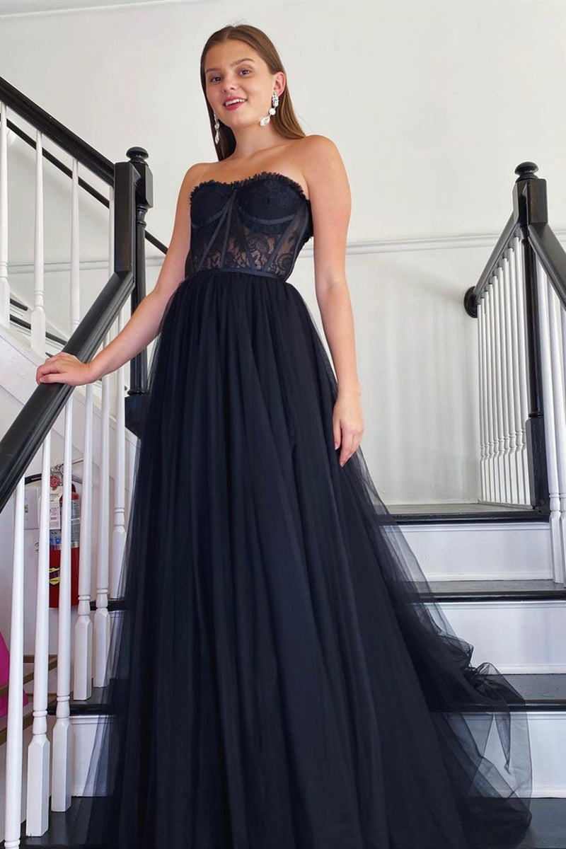 Strapless Black Lace Prom Dresses, Strapless Black Lace Formal Evening