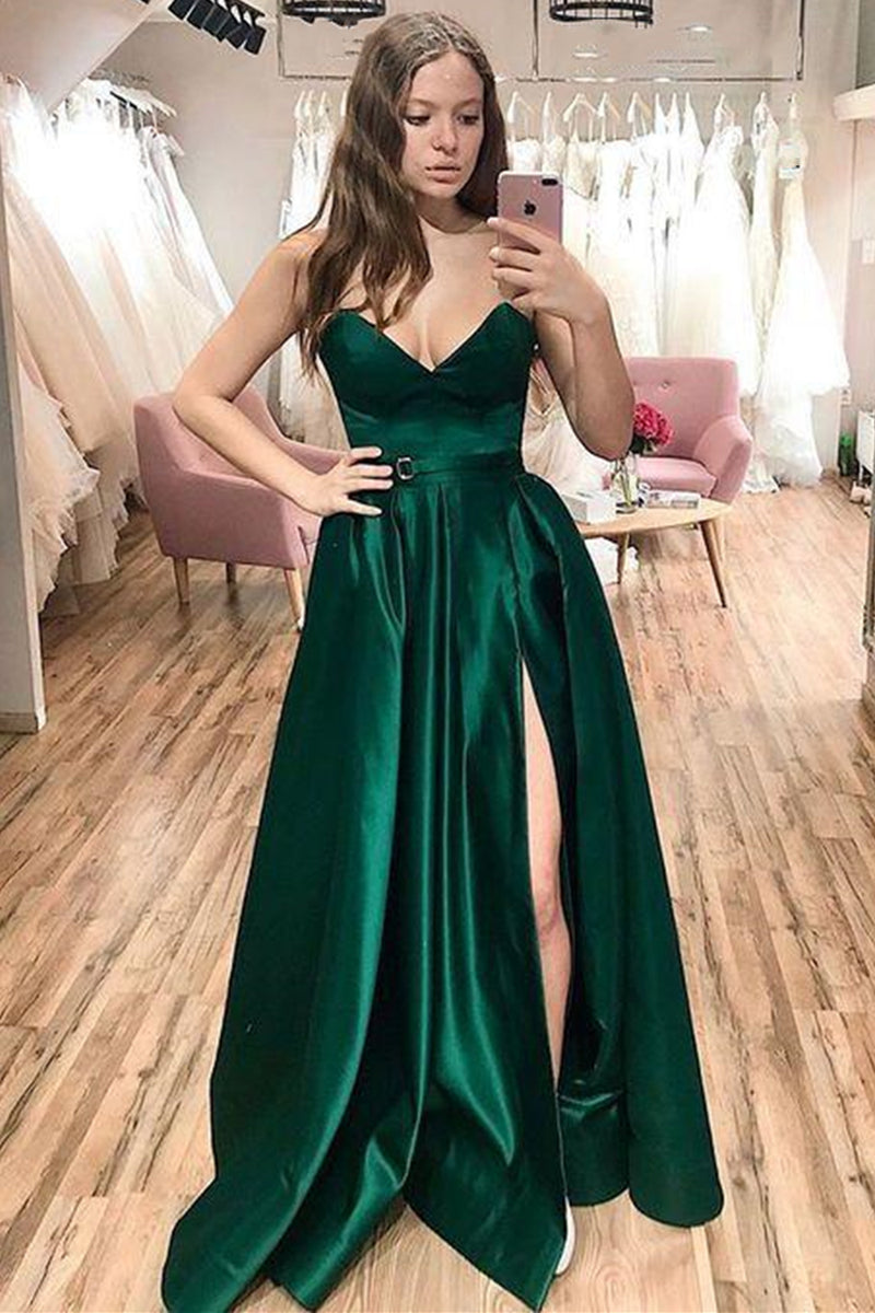 Strapless Emerald Green Satin Long Prom Dresses with Slit, Emerald Gre Eip Collection Strapless Emerald Green Satin Long Prom Dresses with Slit, Emerald Gre Eip Collection