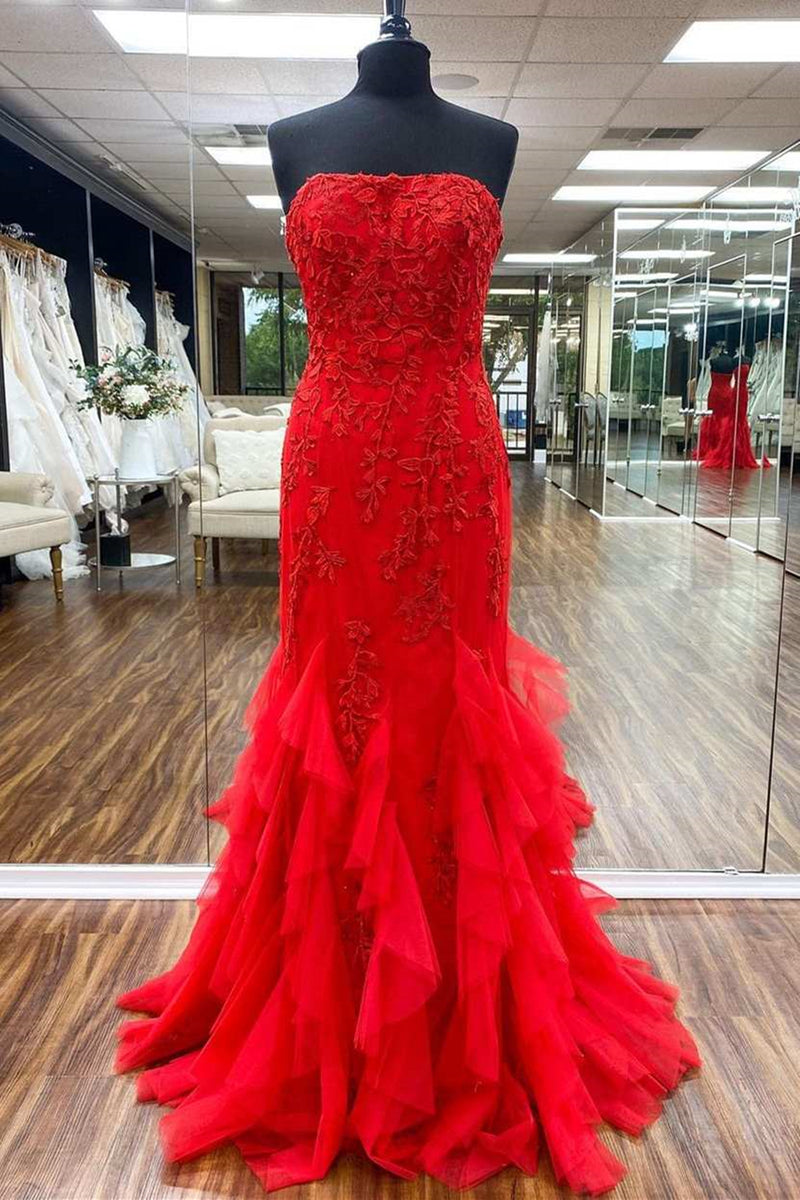 Strapless Red Mermaid Lace Prom Dresses, Red Mermaid Lace Formal Evening Dresses main image 1
