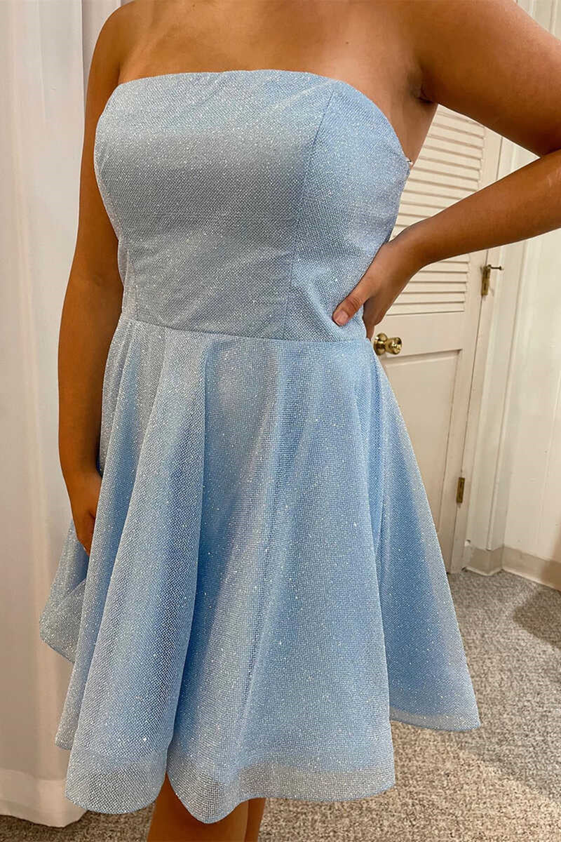 Strapless Shiny Light Blue Short Prom Dresses, Shiny Blue Short Gradua