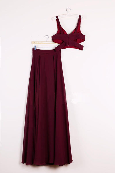 Two Pieces Burgundy Long Prom Dresses, Dark Red 2 Pieces Long Formal Bridesmaid Dresses