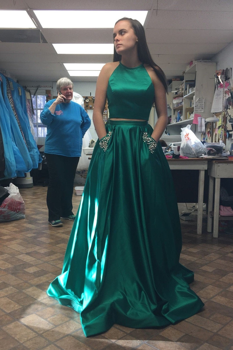 Two Pieces Green/Dark Blue Satin Long Prom Dresses with Pocket, Green