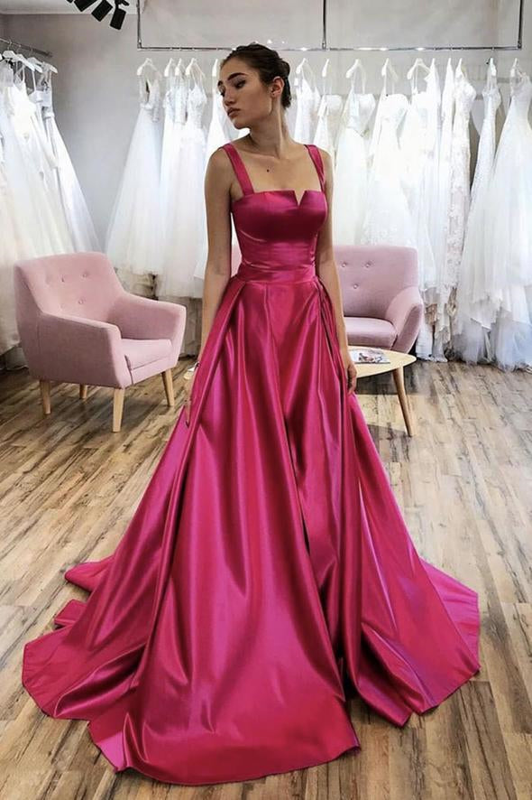 Unique Fuchsia Satin Long Prom Dresses Long Fuchsia Formal
