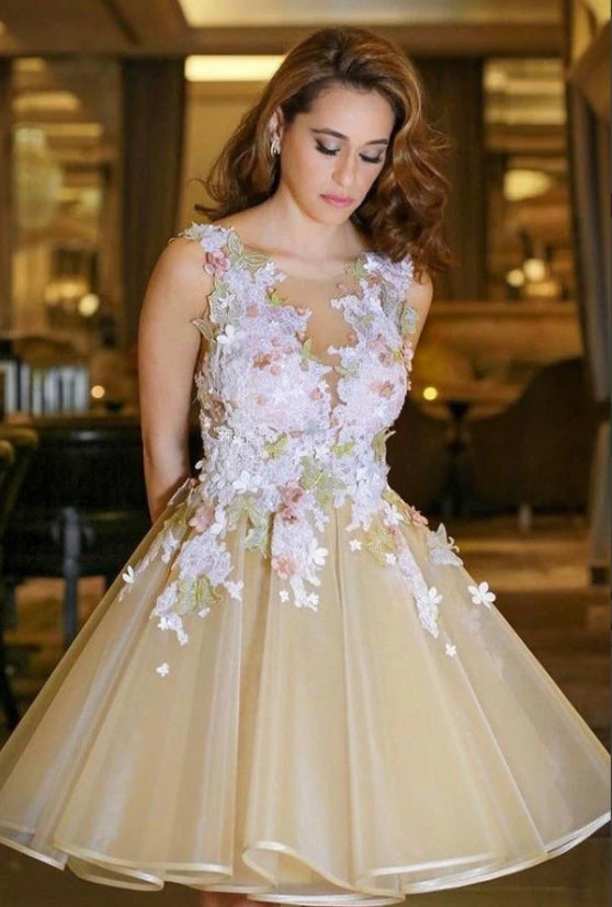 V Neck Backless Champagne Lace Floral Prom Homecoming Dresses, 3D Flow Eip Collection V Neck Backless Champagne Lace Floral Prom Homecoming Dresses, 3D Flow Eip Collection