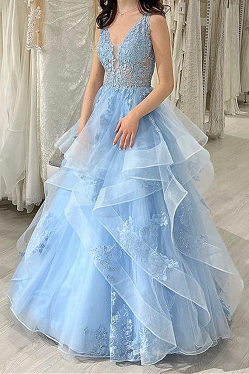 V-neck Long Lace Prom Dresses Dusty Blue