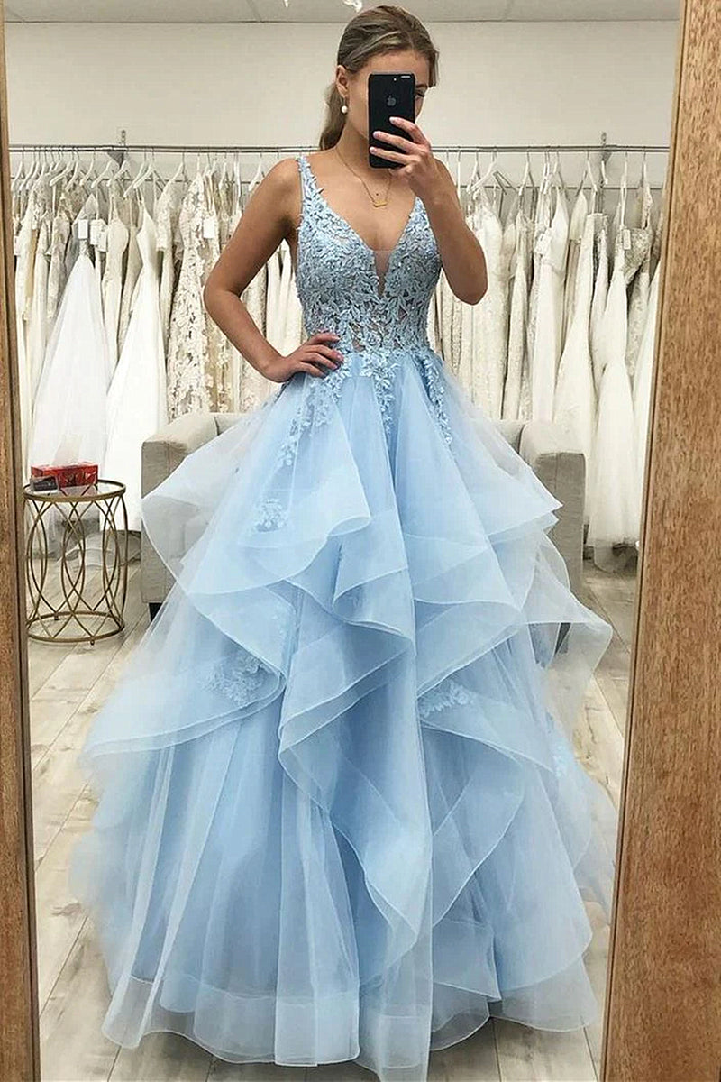 V Neck Lace Blue Prom Party Dress Homecoming Dress Birthday Outfit