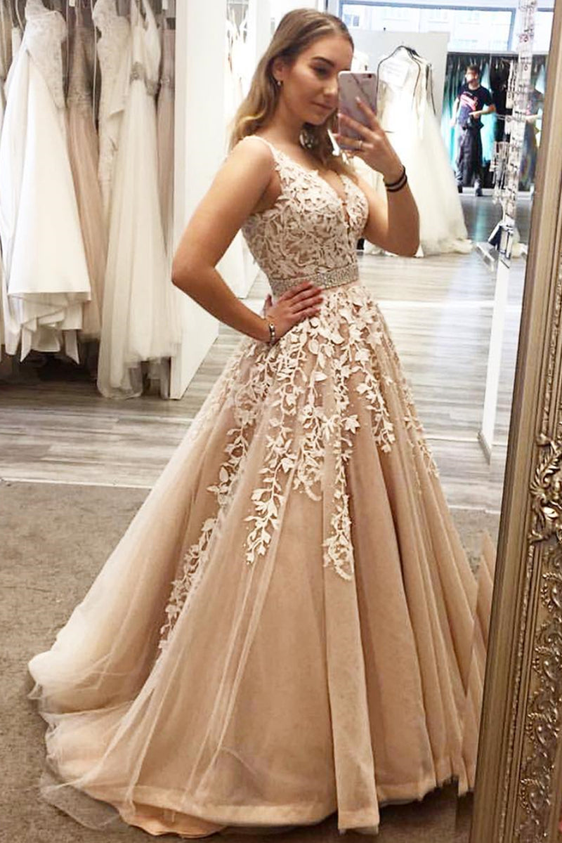 V Neck Champagne Lace Tulle Long Prom Dresses, Champagne Lace Formal D
