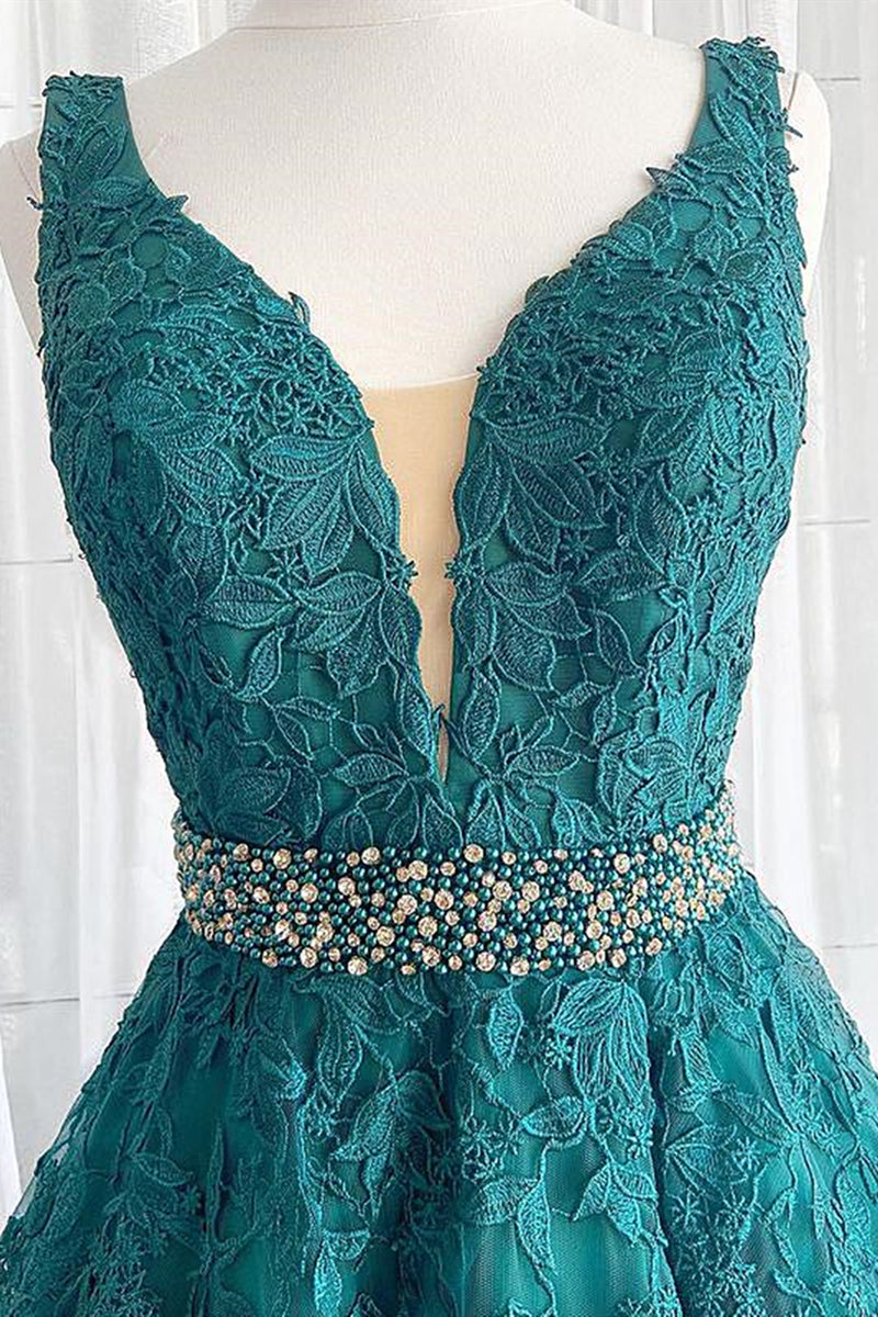 V Neck Long Sleeves Green Lace Formal Prom Dresses, V Neck Green Lace Formal Evening Dresses main image 1
