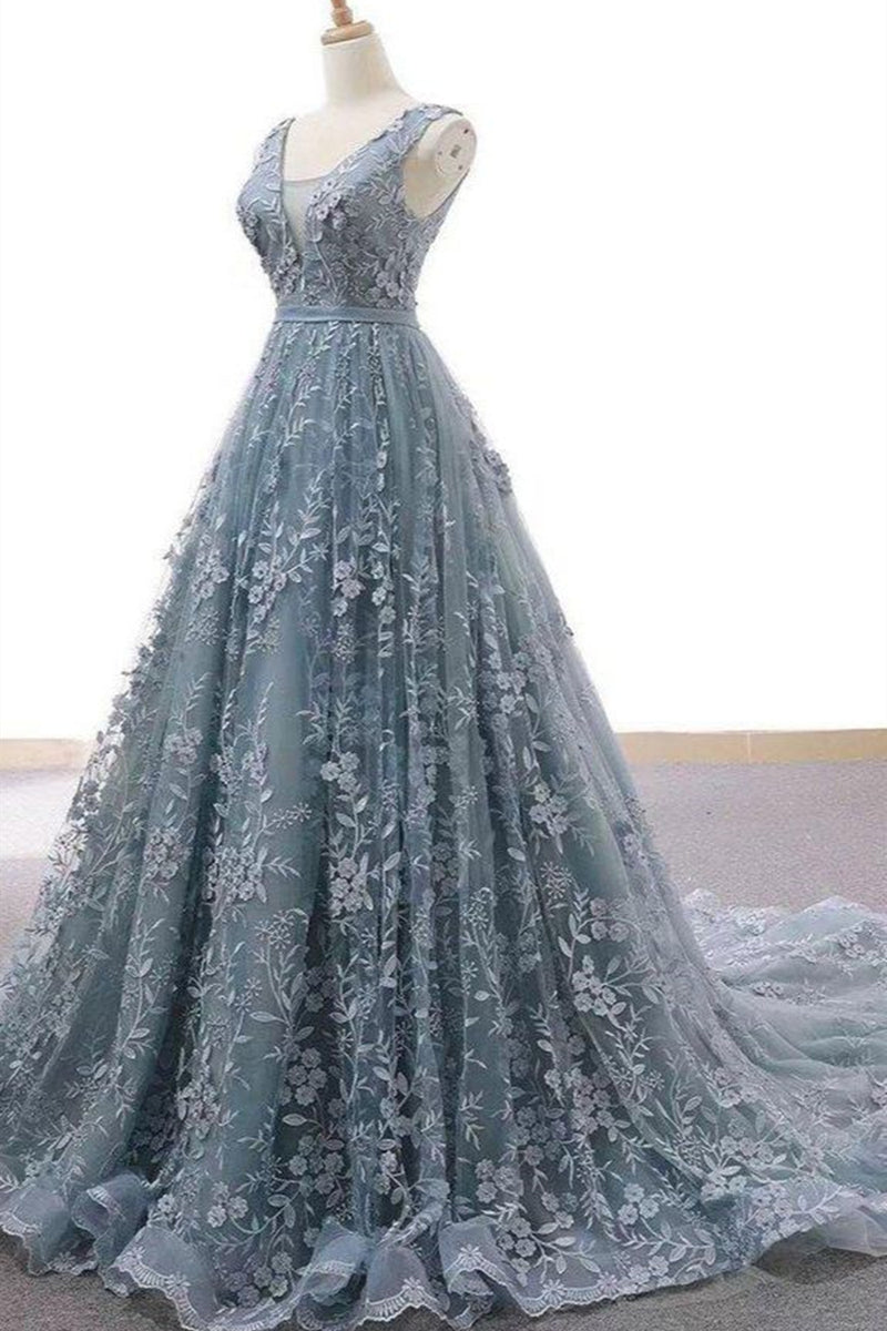 V Neck Dusty Blue Lace Long Prom Dresses, Dusty Blue Lace Formal Dress