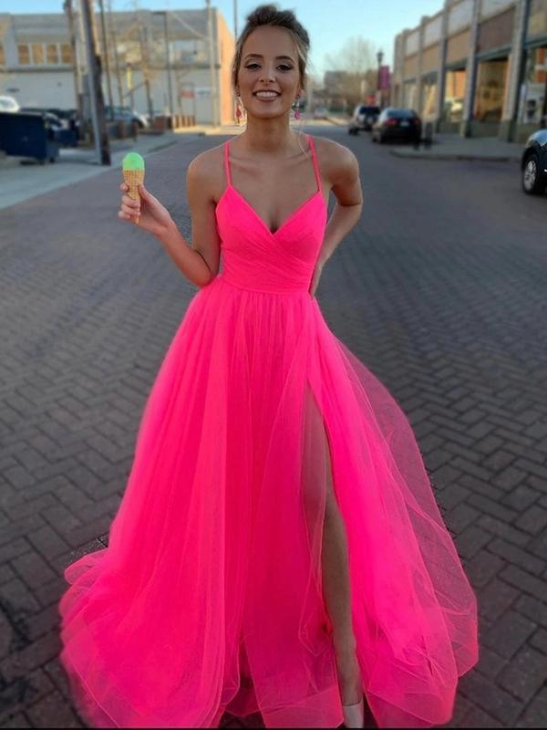 V Neck Hot Pink Long Prom Dresses, Hot Pink Floor Length Long Formal E Eip Collection V Neck Hot Pink Long Prom Dresses, Hot Pink Floor Length Long Formal E Eip Collection