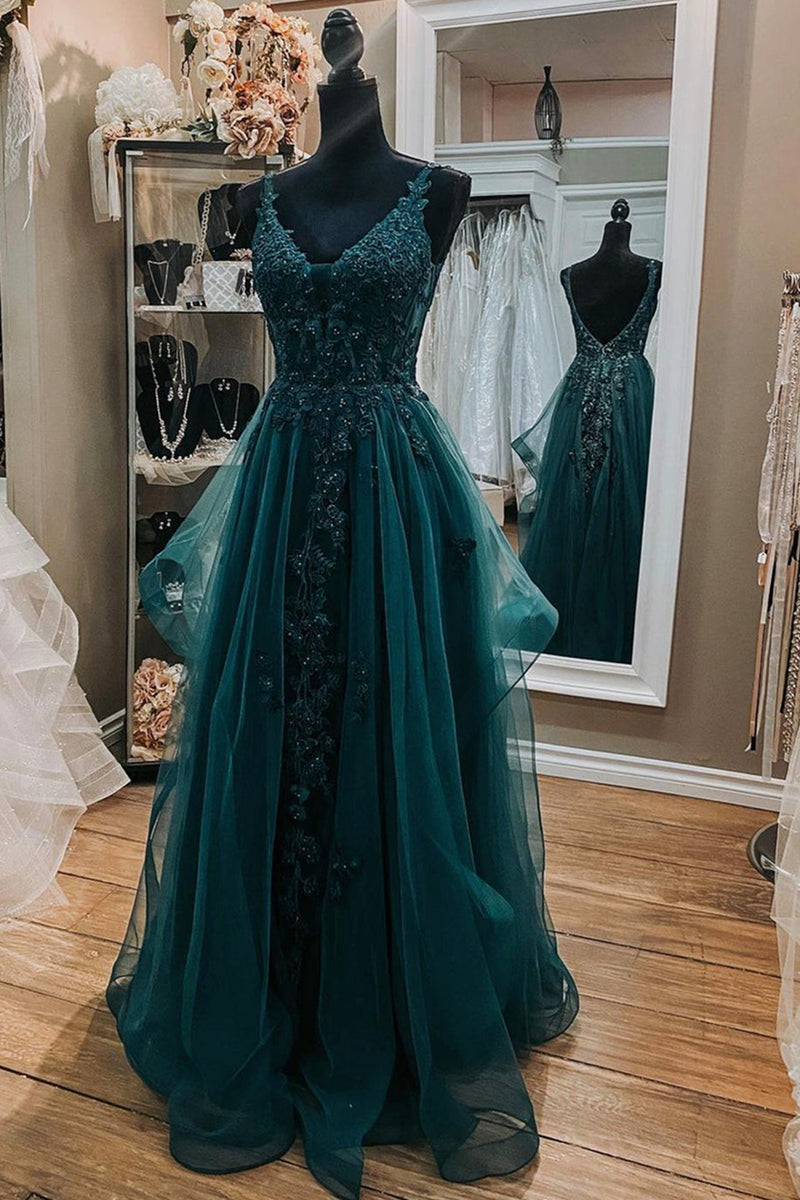 V Neck Open Back Dark Green Lace Beaded Long Prom Dresses, Dark Green – Eip Collection