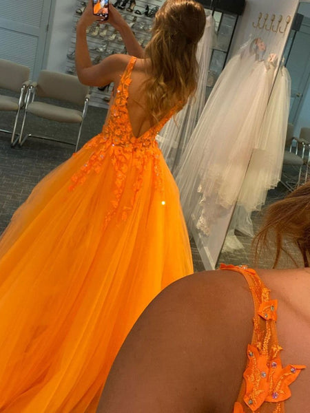 V Neck Open Back Orange Lace Long Prom Dresses, Orange Lace Formal Dresses, Orange Evening Dresses EP1383