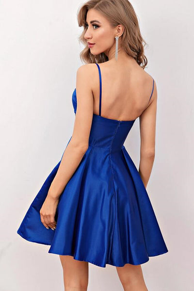 V Neck Open Back Royal Blue Prom Dresses, Backless Royal Blue Homecoming Dresses, Short Royal Blue Formal Evening Dresses EP1403