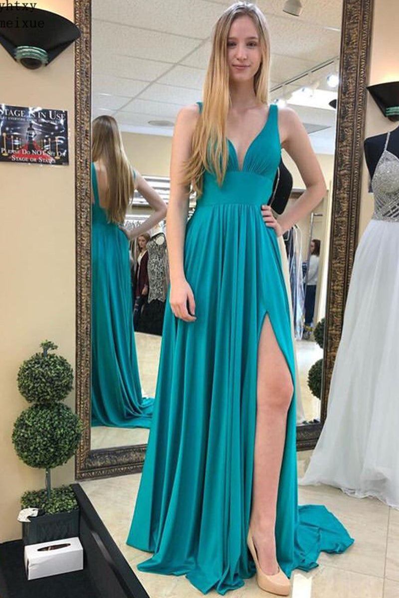 V Neck Open Back Turquoise Long Prom Dresses with Slit, V Neck Turquoi ...