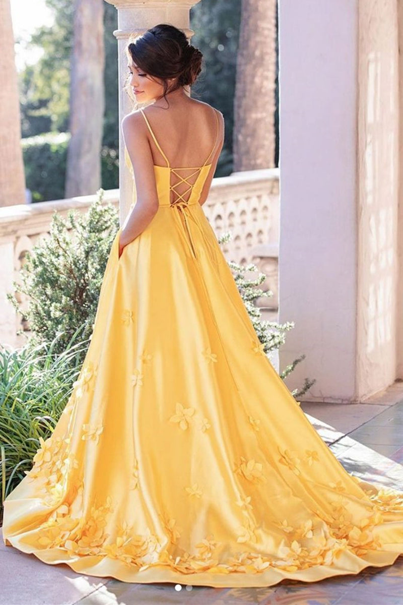 V Neck Open Back Yellow Satin Long Prom Dresses with Flowers, Long Yel Eip Collection V Neck Open Back Yellow Satin Long Prom Dresses with Flowers, Long Yel Eip Collection