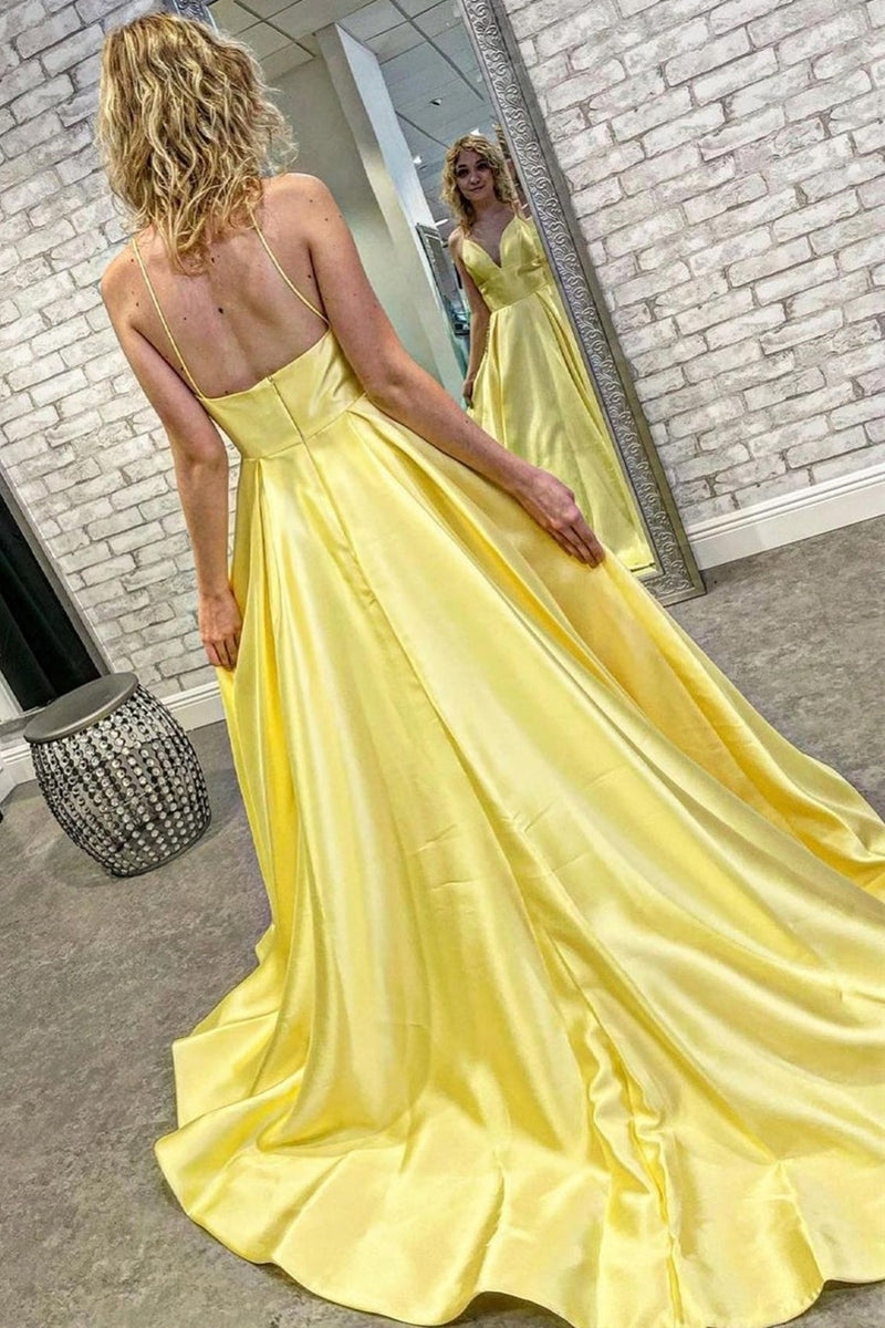 2020 Elegant Yellow Satin Ball Gown Prom Dresses Deep V-Neck Long Prom Party Gowns main image 0