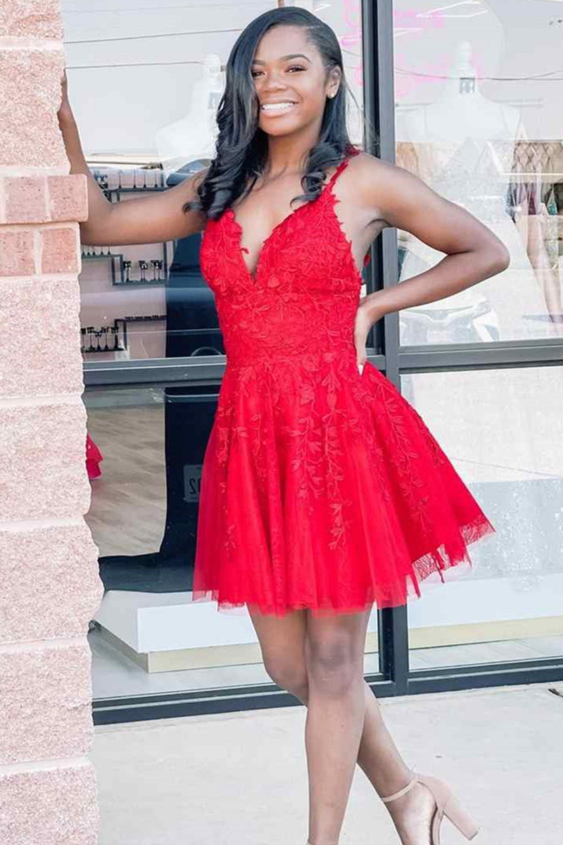 Red v top neck dress short