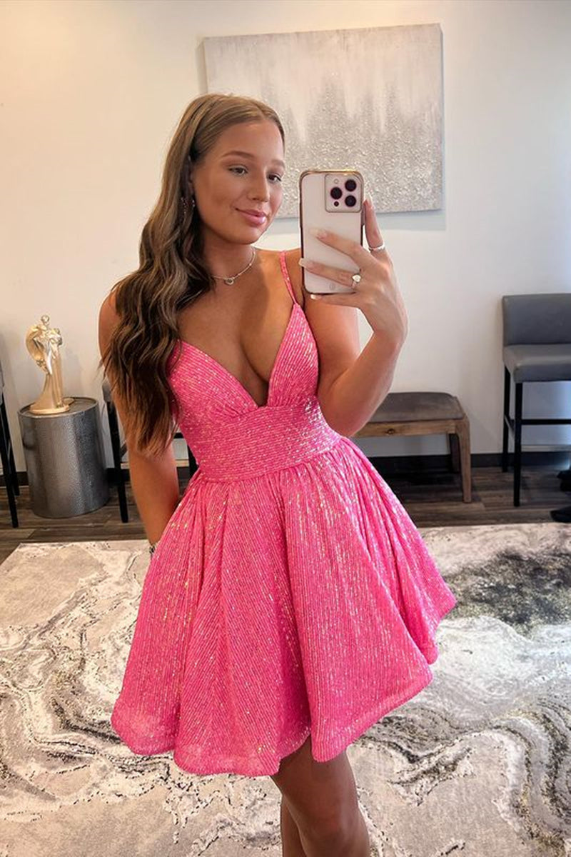 V Neck Short Pink Prom Dresses, Shiny Short Pink V Neck Graduation Hom