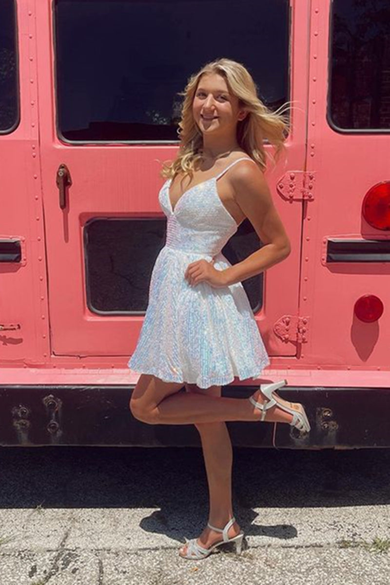 V Neck Short White Backless Prom Dresses, Open Back Short White Formal