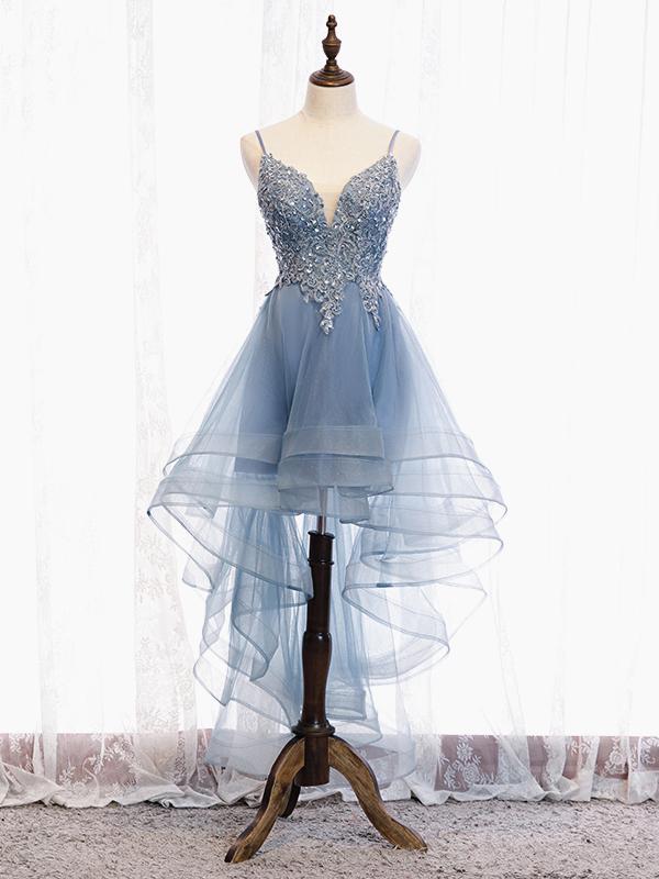 V Neck High Low Blue Lace Prom Dresses, Blue Lace High Low Formal Even Eip Collection V Neck High Low Blue Lace Prom Dresses, Blue Lace High Low Formal Even Eip Collection