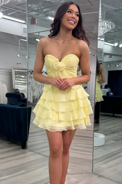 A-Line Ruffles Empire-Waist Strapless Chiffon Short Homecoming Dress, Strapless Chiffon Graduation Homecoming Dresses