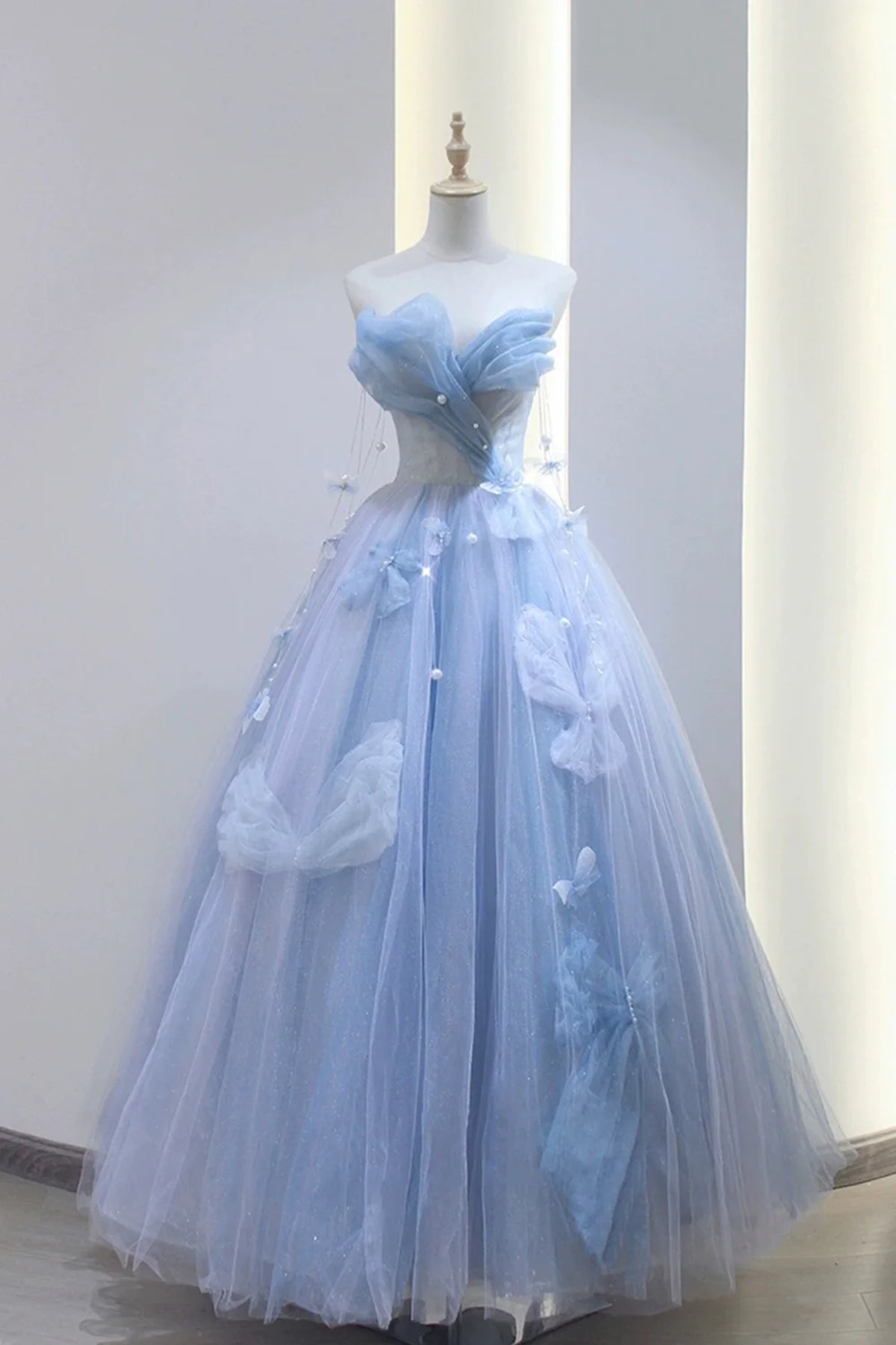 A Line Blue Tulle Long Prom Dress, Strapless Long Blue Beaded Tulle Formal Evening Dresses